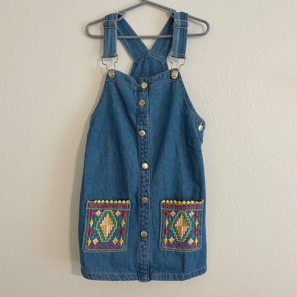 Little Lass Denim Jumper‎ Dress Kids 6X Blue Embroidered Pockets Boho